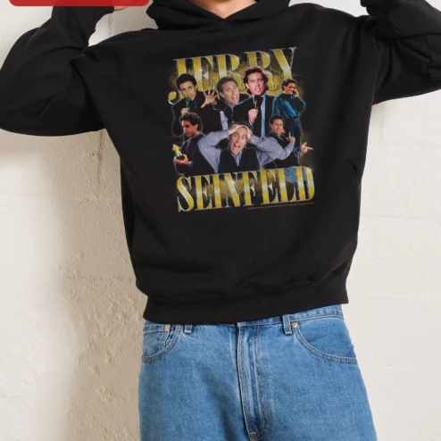 Customer in Chicago, Illinois wearing Jerry Seinfeld Hoodie Vintage 90s Sitcom Comedian Graphic Pullover for Fans