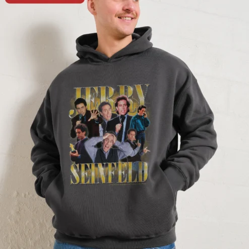 Close-up of Jerry Seinfeld Hoodie Vintage 90s Sitcom Comedian Graphic Pullover for Fans for streetwear fans in Chicago, Illinois