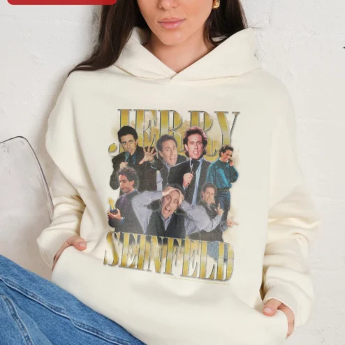 Customer in Chicago, Illinois wearing Jerry Seinfeld Hoodie Vintage 90s Sitcom Comedian Graphic Pullover for Fans