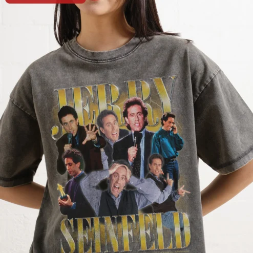 Jerry Seinfeld Vintage Acid Wash Graphic Tee 90s Sitcom Fan Gift on a hanger, ready to ship from Chicago, Illinois