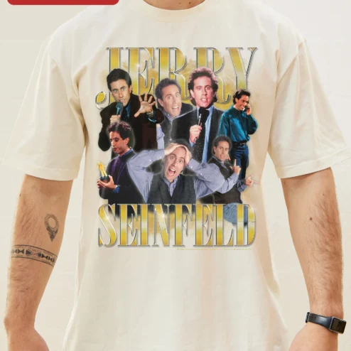 Jerry Seinfeld Vintage Stand Up Comedy Graphic Tee for Fans on a hanger, ready to ship from Chicago, Illinois