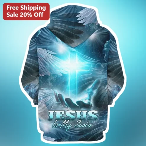 Jesus Is My Savior Hoodie Christian Faith Angel Wings Cross Pullover Sweatshirt for Men Women