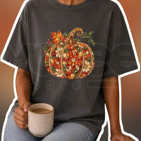 Jewel Pumpkin Fall Tee Women Sparkly Gemstone Graphic Shirt Halloween Thanksgiving Gift