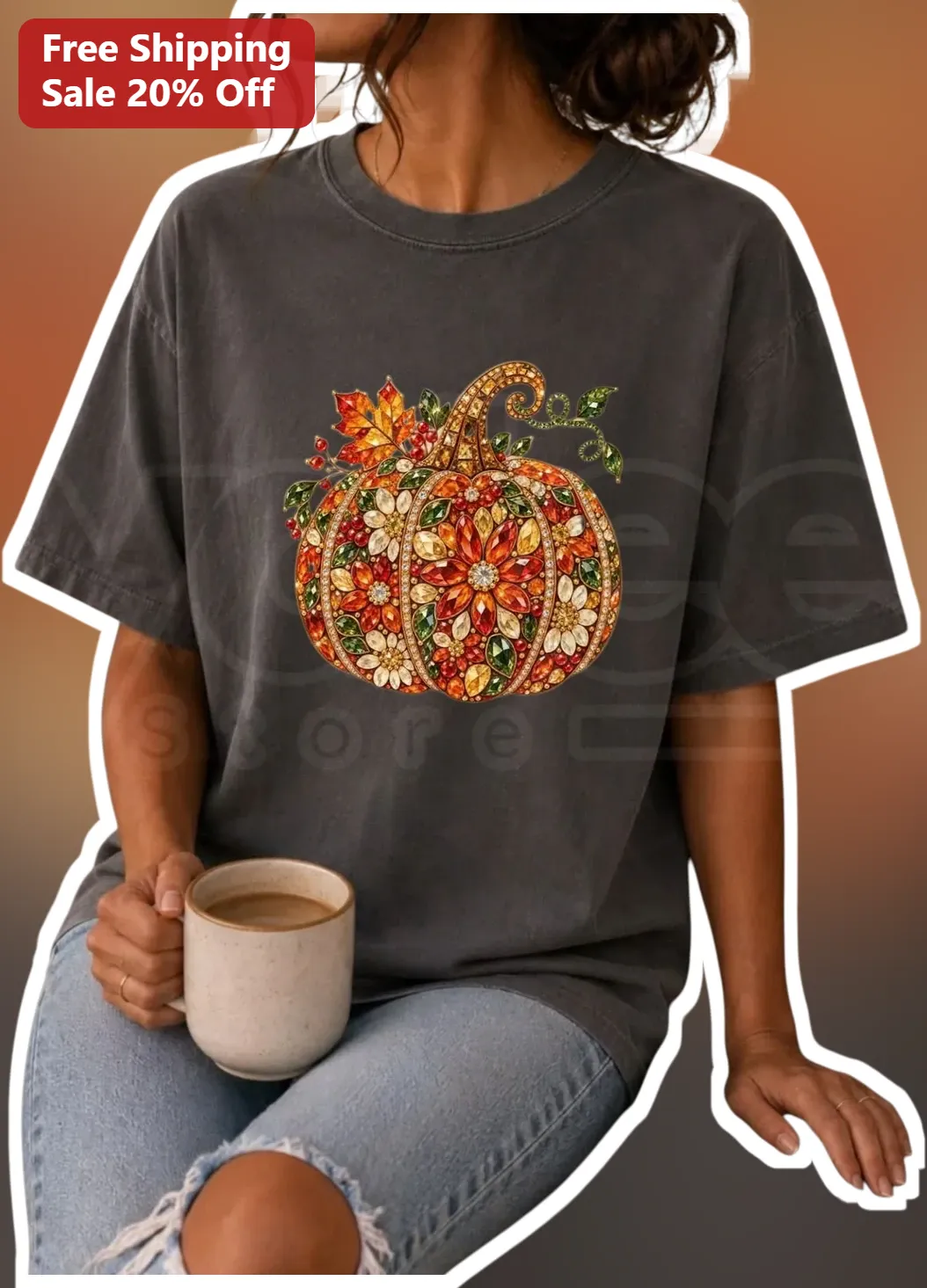 Jewel Pumpkin Fall Tee Women Sparkly Gemstone Graphic Shirt Halloween Thanksgiving Gift