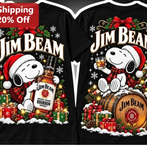 Jim Beam Tee Snoopy Christmas Bourbon Graphic T-Shirt Holiday Gift for Peanuts Fans and Whiskey Lovers