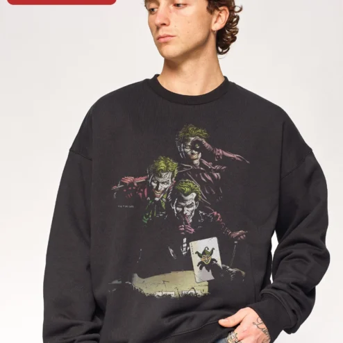 Joker Hoodie Black Graphic Sweatshirt with Stacked Portraits DC Comics Villain Apparel for Men and Women