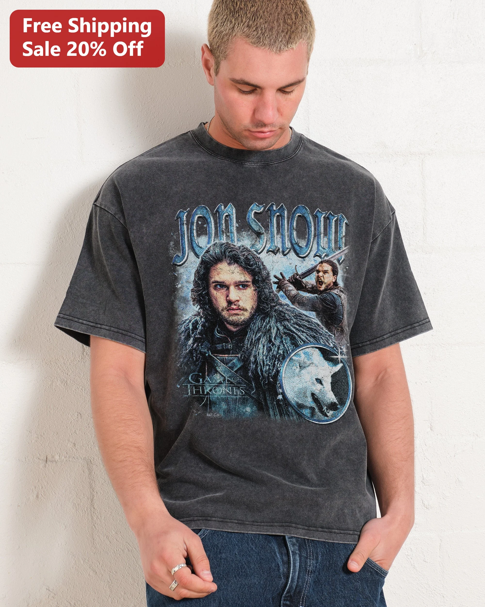 Jon Snow Game of Thrones Vintage Wash Tee Stark Direwolf Fan Apparel