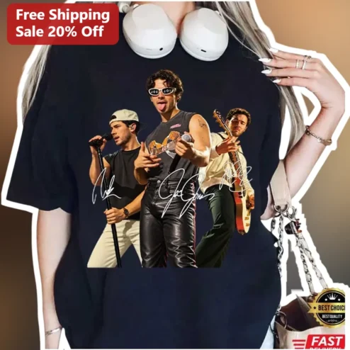 Jonas Brothers Signature Photo Collage Tee Pop Music Fan Gift Black Cotton Shirt