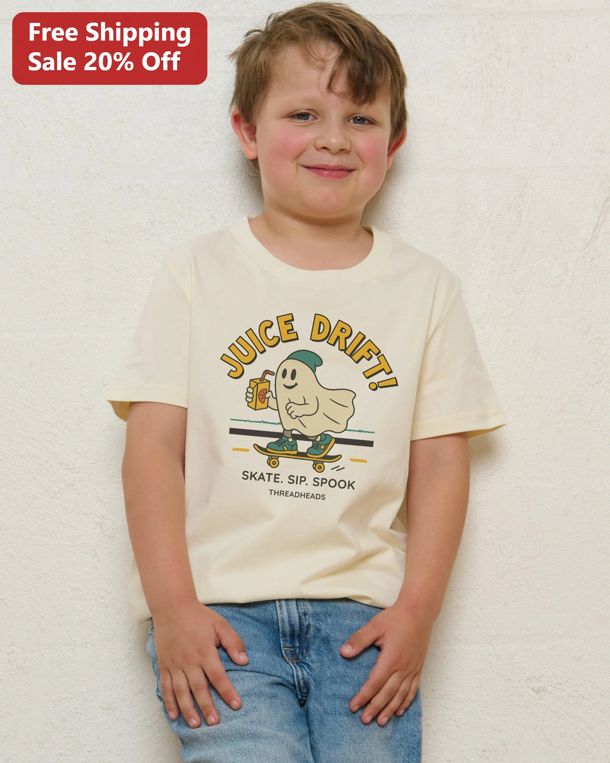 Juice Drift Skate Sip Spook Kids Tee Cute Ghost Skateboard Graphic Shirt