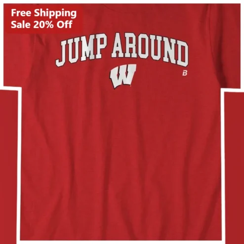 Jump Around Wisconsin Badgers Fan Tee Vintage Collegiate Block Lettering Crew Neck Shirt for Men Women
