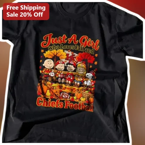 Just A Girl who Loves Fall and Chiefs Football Tee Peanuts Characters Snoopy Charlie Brown NFL Fan Shirt Gift for Women