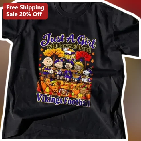 Just A Girl who Loves Fall and Vikings Football Tee Peanuts Characters Gift for Women