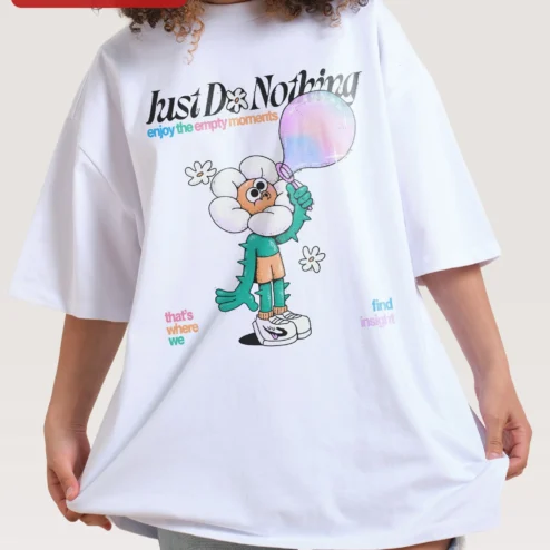 Just Do Nothing Enjoy The Empty Moments Anti Hustle Oversized Tee on a hanger, ready to ship from Chicago, Illinois
