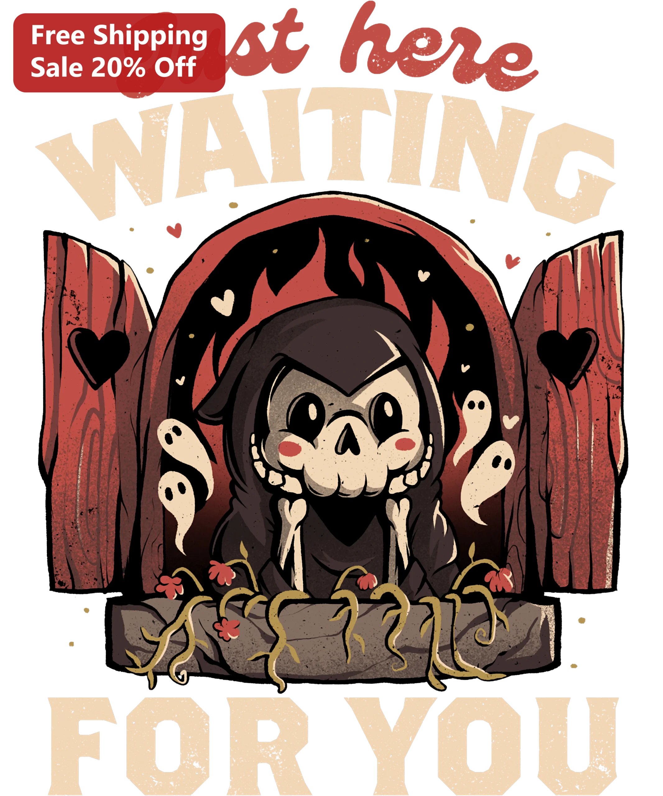 Just Here Waiting For You Grim Reaper Tee Spooky Cute Halloween Gothic Gift