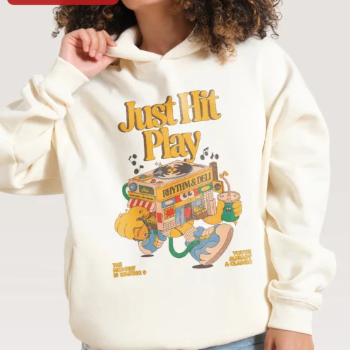 Just Hit Play Rhythm Deli Cold Cuts Hot Tracks Hoodie Retro Music Lover Gift on a hanger, ready to ship from Chicago, Illinois