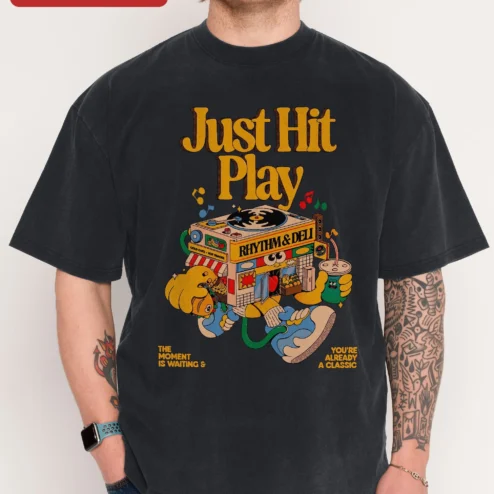 Just Hit Play Rhythm Deli Retro Music Graphic Tee Acid Wash Vintage Boombox Shirt for Men Women on a hanger, ready to ship from Chicago, Illinois