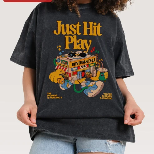 Just Hit Play Rhythm Deli Retro Music Graphic Tee Acid Wash Vintage Boombox Shirt for Men Women
