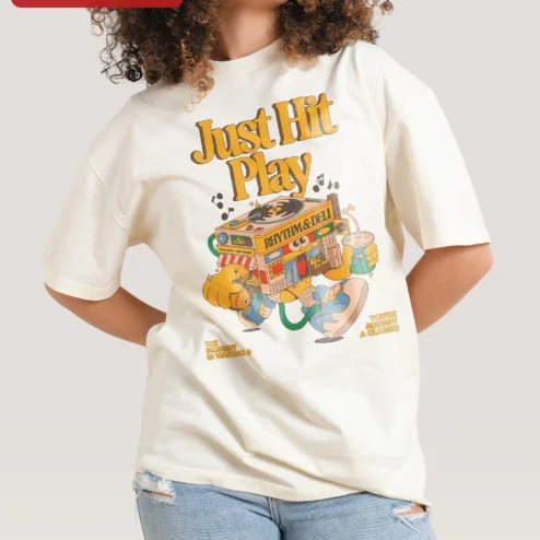 Just Hit Play Rhythm Deli Tee The Moment Is Waiting You're Already A Classic Retro Music Lover Shirt on a hanger, ready to ship from Chicago, Illinois