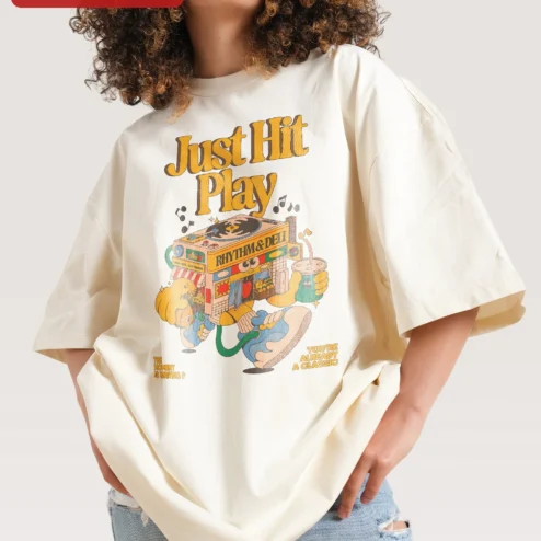 Customer in Chicago, Illinois wearing Just Hit Play Rhythm Deli Vintage Boombox Graphic Tee Music Lover Gift