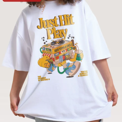 Close-up of Just Hit Play Rhythm Deli Vintage Boombox Graphic Tee Music Lover Gift for streetwear fans in Chicago, Illinois