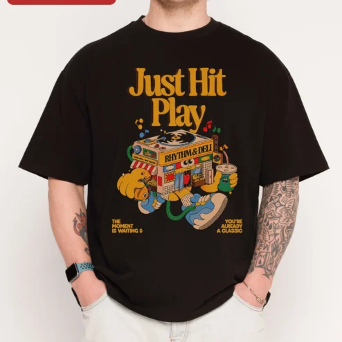 Just Hit Play Rhythm Deli Vintage Boombox Graphic Tee Music Lover Gift