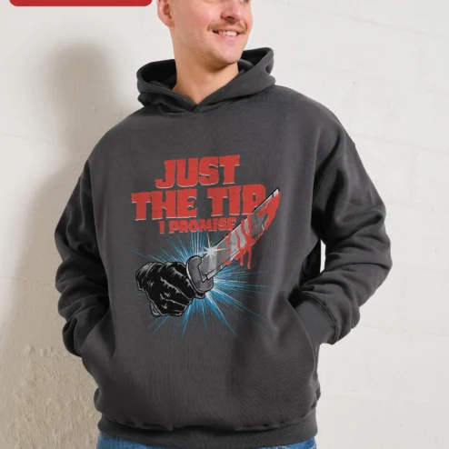 Just The Tip I Promise Hoodie Funny Adult Humor Edgy Streetwear Pullover on a hanger, ready to ship from Chicago, Illinois
