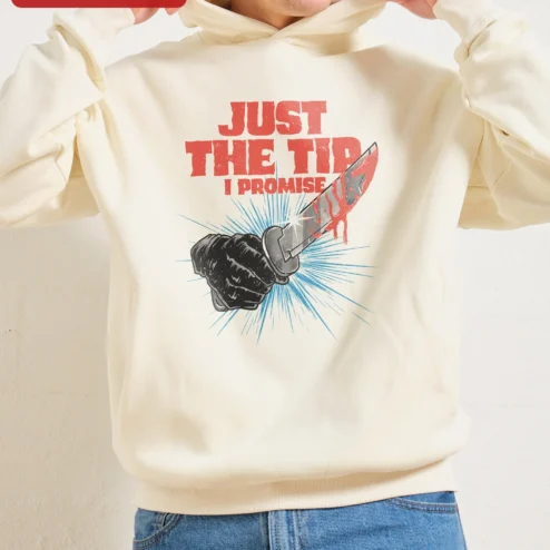 Customer in Chicago, Illinois wearing Just The Tip I Promise Hoodie Funny Adult Humor Edgy Streetwear Pullover