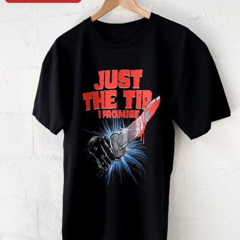 Customer in Chicago, Illinois wearing Just The Tip I Promise Tee Funny Adult Humor Graphic T-Shirt Bachelor Party Gag Gift