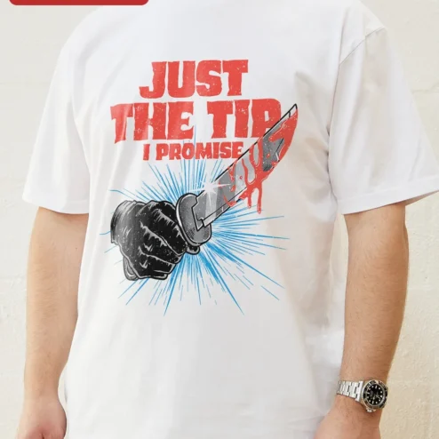 Customer in Chicago, Illinois wearing Just The Tip I Promise Tee Funny Adult Humor Graphic T-Shirt Bachelor Party Gag Gift