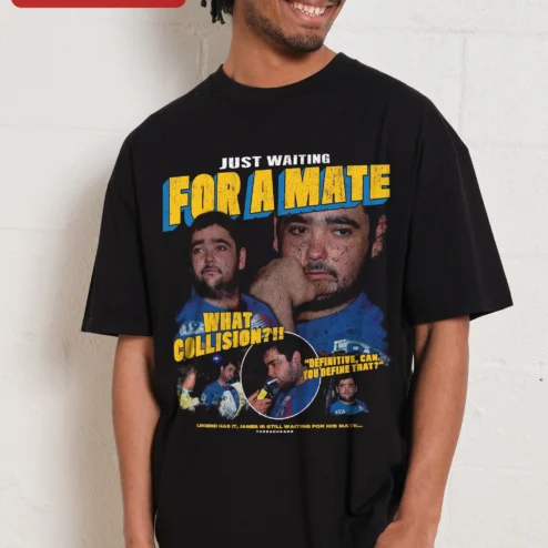 Just Waiting For A Mate Full Throttle Meme Tee Australian TV Quote Graphic Shirt on a hanger, ready to ship from Chicago, Illinois