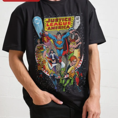 Justice League of America Vintage Comic Tee DC Comics Superman Wonder Woman Aquaman Graphic Shirt on a hanger, ready to ship from Chicago, Illinois