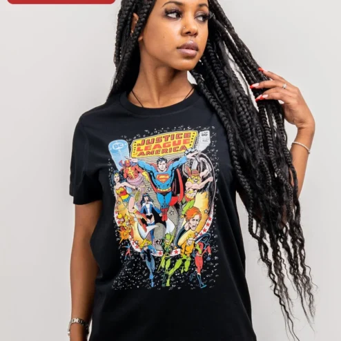 Justice League of America Vintage Comic Tee DC Comics Superman Wonder Woman Aquaman Graphic Shirt
