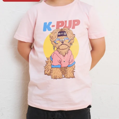 K-PUP Kpop Dog Graphic Tee for Kids Cute Puppy Shih Tzu Style Shirt on a hanger, ready to ship from Chicago, Illinois