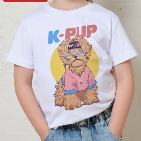 Customer in Chicago, Illinois wearing K-PUP Kpop Dog Graphic Tee for Kids Cute Puppy Shih Tzu Style Shirt