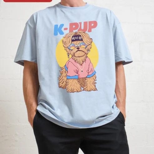 K-PUP Tee Yorkie Dog Kpop Streetwear Graphic Shirt for Women Men on a hanger, ready to ship from Chicago, Illinois