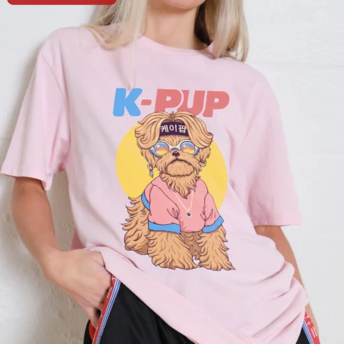 Customer in Chicago, Illinois wearing K-PUP Tee Yorkie Dog Kpop Streetwear Graphic Shirt for Women Men