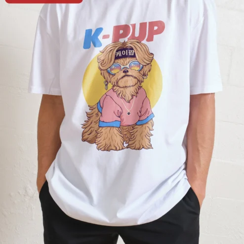 Close-up of K-PUP Tee Yorkie Dog Kpop Streetwear Graphic Shirt for Women Men for streetwear fans in Chicago, Illinois