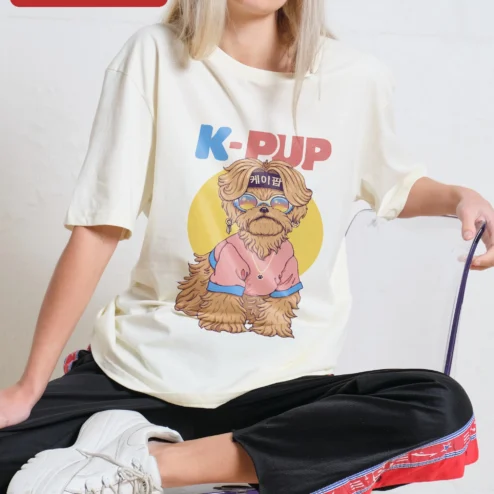 K-PUP Tee Yorkie Dog Kpop Streetwear Graphic Shirt for Women Men