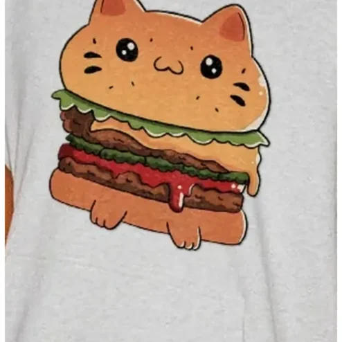 Kawaii Cat Burger Illustration Tee Cute Orange Tabby Hamburger Graphic Shirt Gift for Cat Lovers Foodies