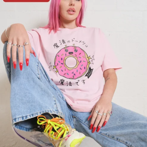 Kawaii Donut Graphic Tee Cute Anime Food Gift on a hanger, ready to ship from Chicago, Illinois