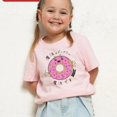 Kawaii Donut Graphic Tee Cute Japanese Anime Style Shirt for Kids on a hanger, ready to ship from Chicago, Illinois