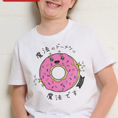 Customer in Chicago, Illinois wearing Kawaii Donut Graphic Tee Cute Japanese Anime Style Shirt for Kids