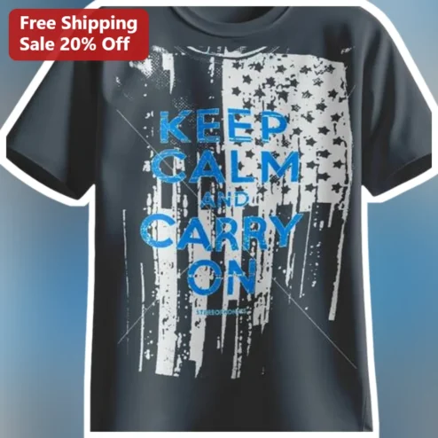 Keep Calm and Carry On Vintage Patriotic American Flag Distressed Graphic Tee