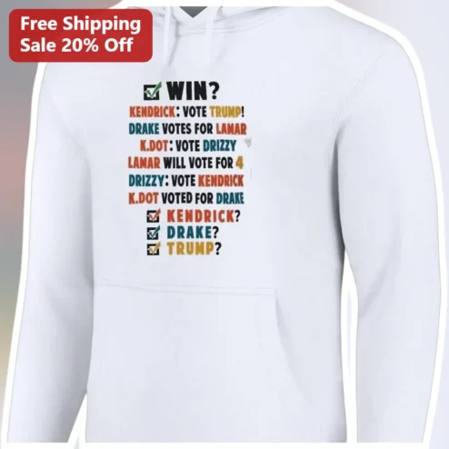 Kendrick Lamar Drake Vote Trump Hoodie K.DOT Drizzy Political Satire Graphic Pullover for Hip Hop Fa available at our Chicago, Illinois warehouse