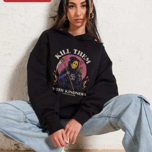Close-up of Kill Them With Kindness Don't Worry Be Happy Grim Reaper Hoodie for streetwear fans in Chicago, Illinois