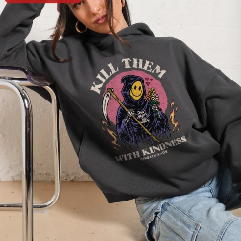 Customer in Chicago, Illinois wearing Kill Them With Kindness Don't Worry Be Happy Grim Reaper Hoodie