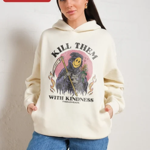 Close-up of Kill Them With Kindness Don't Worry Be Happy Grim Reaper Hoodie for streetwear fans in Chicago, Illinois