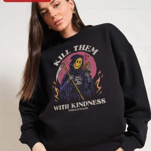 Close-up of Kill Them With Kindness Don't Worry Be Happy Grim Reaper Smiley Face Sweatshirt for streetwear fans in Chicago, Illinois