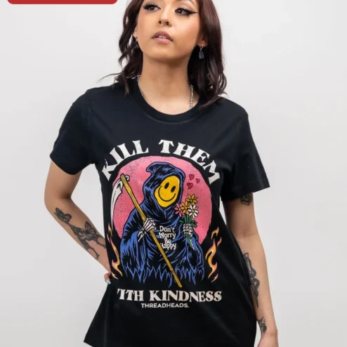 Close-up of Kill Them With Kindness Grim Reaper Smiley Face Tee Don't Worry Be Happy Quote Shirt for streetwear fans in Chicago, Illinois