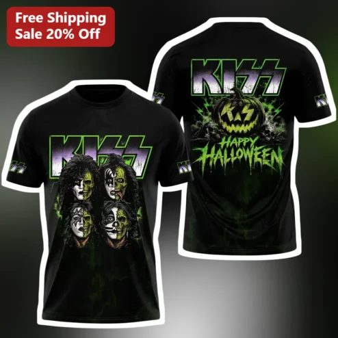 KISS Happy Halloween Tee Rock Band Zombie Makeup Graphic Shirt for KISS Army Fans